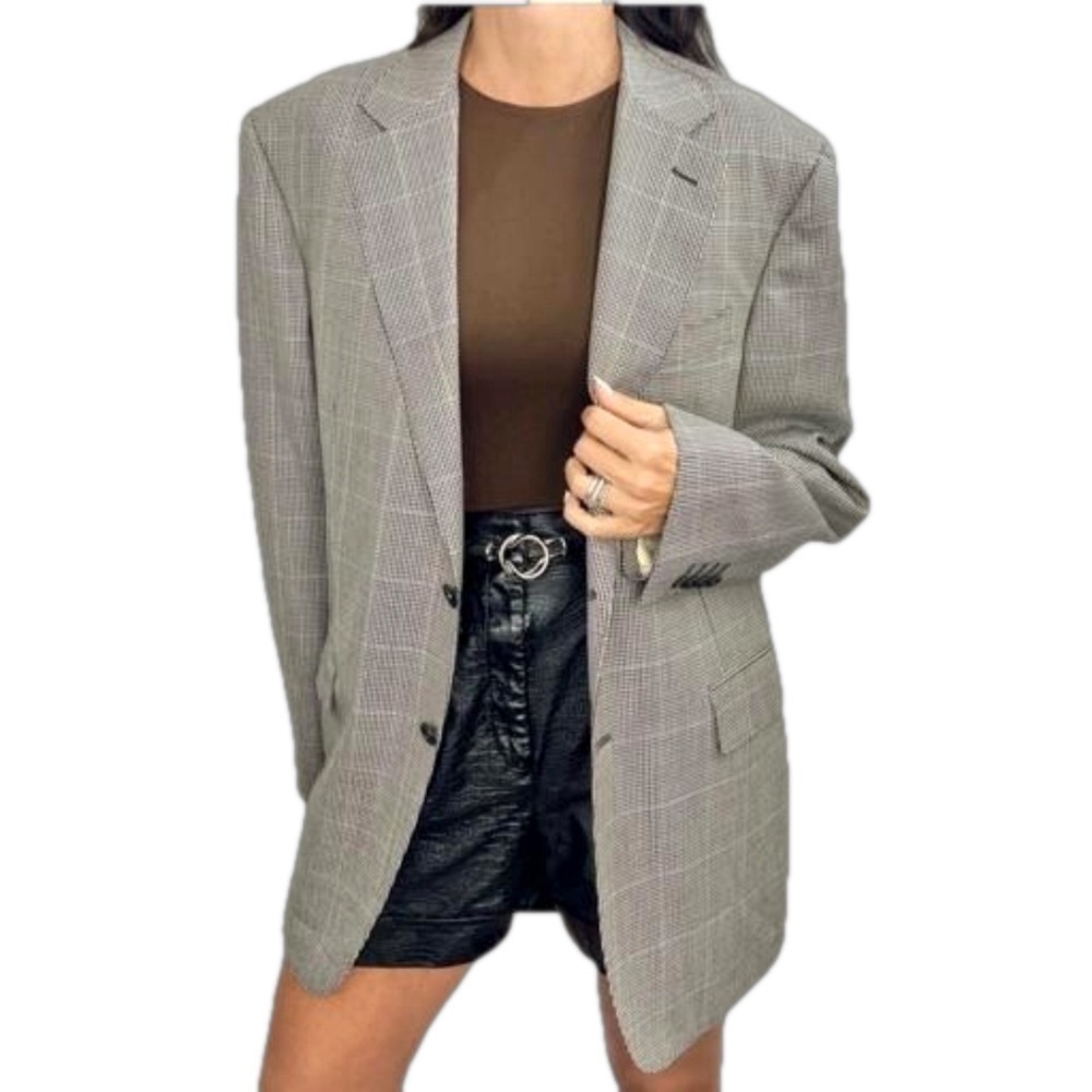 Harry Rosen Italian wool black white check plaid oversized blazer IT 50